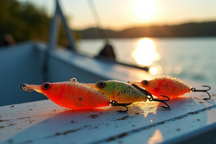 A collection of various lead-free fishing lures in vibrant colors, arranged artfully on a weathered fishing boat deck with water in the background.