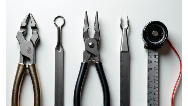 An array of essential fishing tools including pliers, line cutters, and forceps, laid out on a clean surface