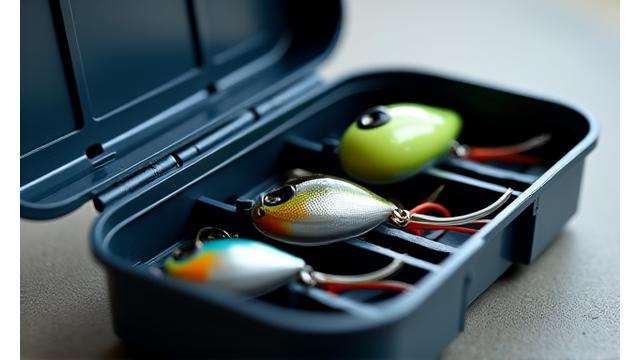 A modern, water-resistant tackle box filled with neatly organized lures and tools