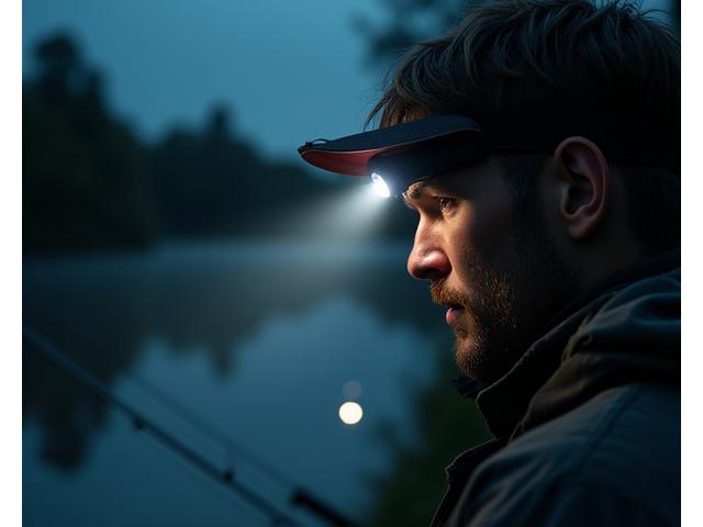 Compact, waterproof LED headlamp strapped to an angler's head during a night fishing session