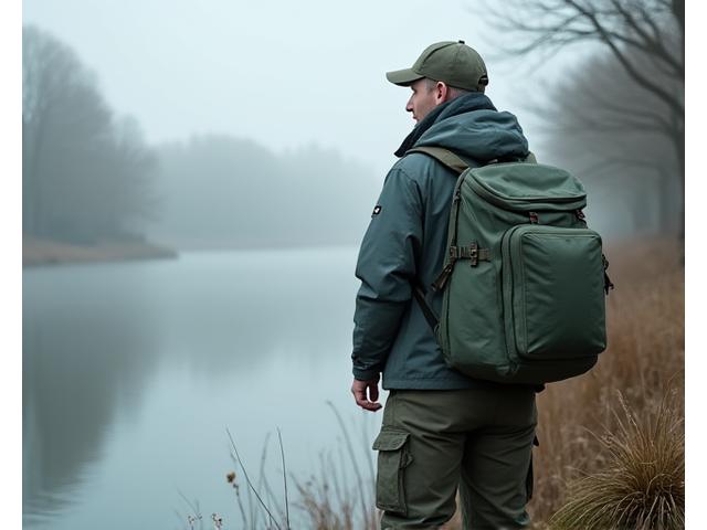 Angler proudly holding a large, robust waterproof fishing bag beside a river