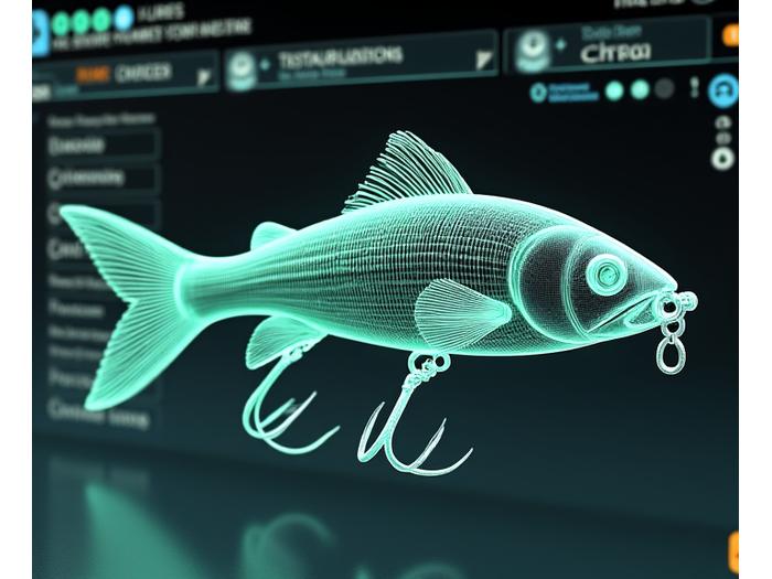 A highly detailed 3D render of a semi-transparent, wireframe fishing lure, overlaid with digital UI elements and options for customization (e.g., color wheels, shape sliders). The background is a clean, futuristic interface, suggesting a sophisticated configurator tool. The lure itself is in a dynamic pose. The color palette incorporates Moorhen Lures' primary green and blue, with interactive elements highlighted in accent orange.