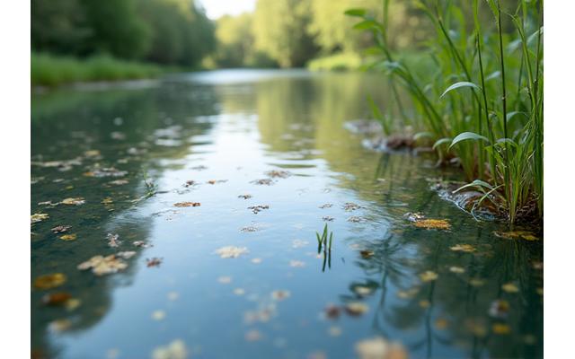 A tranquil scene of clean water with small, healthy aquatic plants visible. An outline of fishing gear (rod and reel) is subtly overlaid, representing sustainable angling practices. The colors are fresh greens and blues, conveying environmental health.