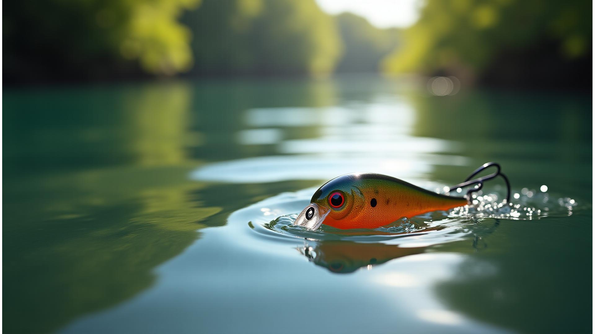 Stunning photorealistic image of a Moorhen Lures fishing lure, possibly a crankbait or jig, partially submerged in pristine, crystal-clear water. The lure is glinting under soft sunlight, with ripples gently radiating around it. The background shows a subtle, blurred hint of a tranquil British lake or riverbank. The colors showcase the primary green and blue of Moorhen Lures, with an accent of orange or amber on the lure to draw attention.