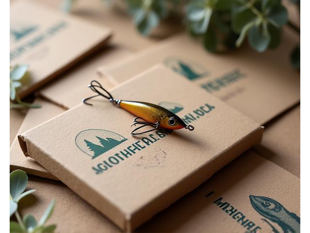 A flat lay shot of Moorhen Lures' eco-friendly product packaging, made from recycled cardboard with minimalist, natural ink printing. A lure is subtly placed on top of open packaging, highlighting the commitment to sustainability from product to presentation.