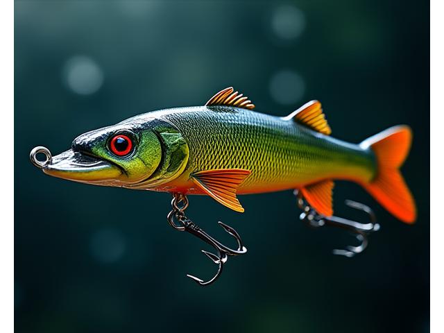 A vibrant Moorhen Lures pike lure, perhaps a large swimbait or jointed minnow, with realistic scale patterns and sharp hooks. It is displayed against a dark, moody background with subtle water reflections, emphasizing its predatory design.