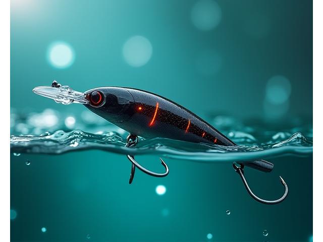 A sleek, highly modern Moorhen Lures smart lure with integrated micro-sonar technology, showing subtle LED indicators. It's partially submerged in clear water, with electronic waves or signals emanating from it, visualized subtly in the water, conveying its intelligence.