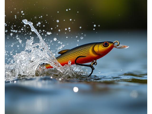 A dynamic shot of a Moorhen Lures spinning lure mid-cast or mid-retrieve, with water splashes around it, conveying movement and action. The lure is shown in sharp focus, demonstrating its shape and reflectivity. The background is a blurred, natural waterscape.
