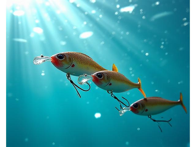 Several robust Moorhen Lures trolling lures, featuring strong diving lips and durable finishes, being pulled on fishing lines through clear blue water. The perspective is slightly underwater, showing the lures in active motion as if being trolled.