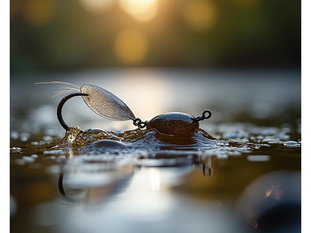 A sleek, stream-lined Moorhen Lures trout spoon or spinner, gleaming under diffused light. The background is a soft blur of flowing river water, suggesting agility and movement. Its reflective surface is a key feature.