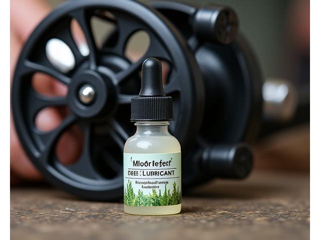 A close-up of a small bottle of Moorhen Lures' bio-based reel lubricant, made from vegetable oils, next to a high-quality fishing reel. The texture of the lubricant and precision components of the reel are in sharp focus, promoting environmental responsibility in gear maintenance.