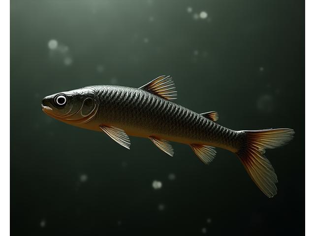 A deep-diving Moorhen Lures zander lure, possibly a soft plastic paddle-tail, with a dark, naturalistic color scheme, designed for low-light conditions. It is shown against a dark, slightly murky water background, hinting at deep water effectiveness.