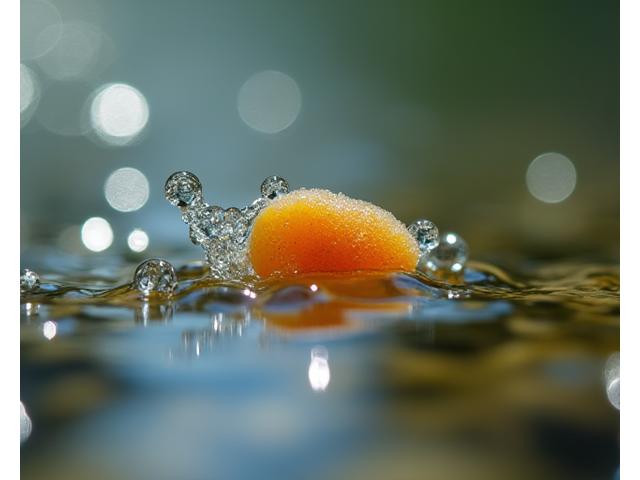 A close-up, macro shot of innovative, biodegradable fishing bait dissolving subtly in clear freshwater. Small bubbles emanate from the bait, indicating its eco-friendly composition. The focus is on the textural detail of the bait and the water's clarity. Soft, natural light illuminates the scene.