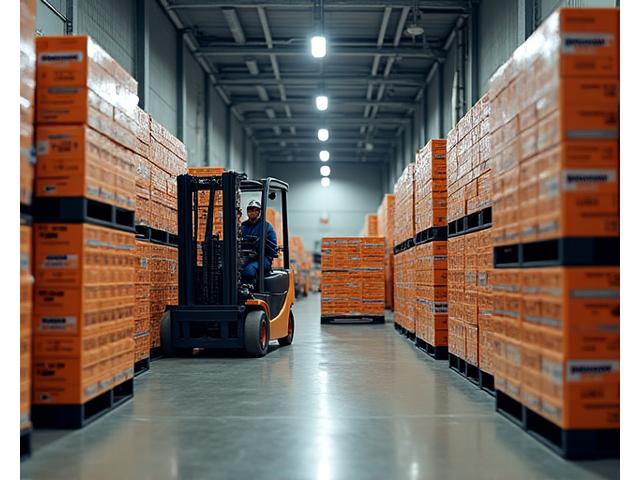 An industrial warehouse scene with stacked pallets of Moorhen Lures product boxes. A modern forklift is moving some boxes, suggesting efficient logistics. The lighting is bright and professional, highlighting the scale of operations. The branding of Moorhen Lures is visible on the boxes.