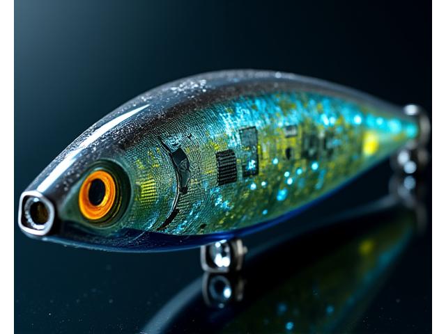 Detailed cutaway view of a Moorhen Lures smart fishing lure, revealing miniature sensors, a small processing unit, and a Bluetooth module, against a dark, tech-inspired background with subtle blue light trails.
