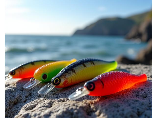 Assortment of vibrant bass lures, including soft plastics and crankbaits, on a rocky coastal shore