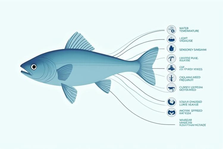 Infographic showing various factors influencing fish behavior, such as water temperature, light, and prey, and how they relate to lure design