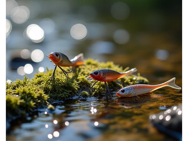 Realistic trout lures, some resembling natural flies, on a riverbank with clear water