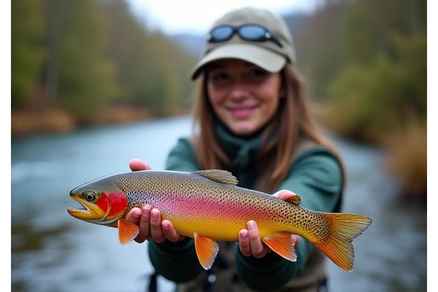 A focused female angler proudly displaying a trout caught with a Moorhen Lures eco-lure, set against a pristine Scottish stream, emphasizing natural beauty and responsible fishing.