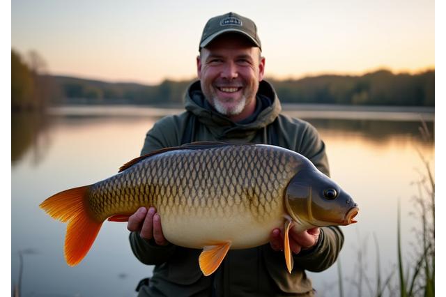 A jubilant male angler holding a large, healthy fish caught with a Moorhen Lures sustainable lure, with a serene UK lake in the background at dawn.