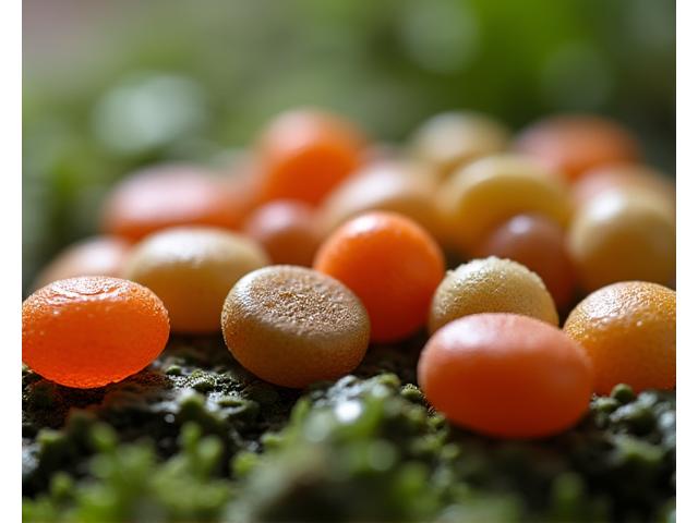 Various biodegradable fishing baits, such as pellets and soft lures, showing natural textures and earthy colors, resting on a bed of natural leaves with scientific decomposition labels.